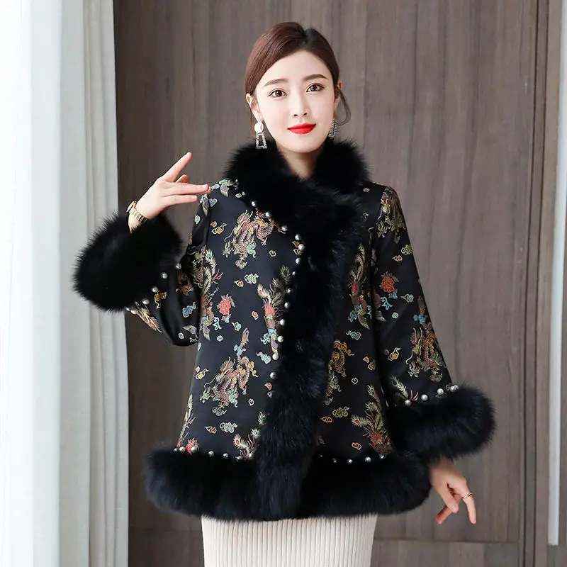 Autumn And Winter New Chinese Style Women\'s Jacket Retro Hanfu Fur Collar Modern Warmth Thick Qipao Tops Ethnic Shawl Coat M1723