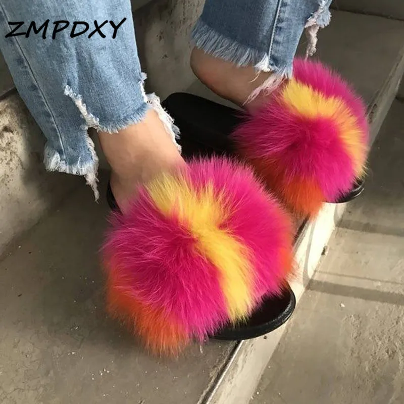 Women Fur Slides Real Fox Fur Slippers Rainbow Plush Furry Fur Flip Flops Fashion Ladies Comfortable EVA Flat Fluffy Fur Shoes