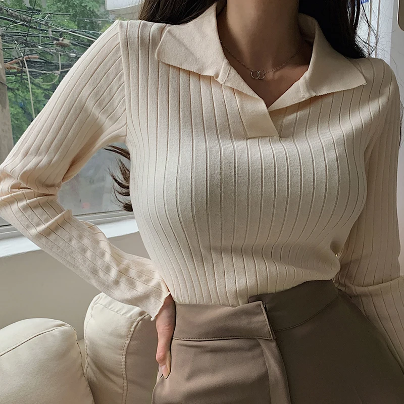 Koreaanse Stijl Turn-Down Kraag Vrouwen Trui Vrouwelijke Lange Mouwen Top Casual Trui Gebreide Truien Fall Kleding Sueter Feminino