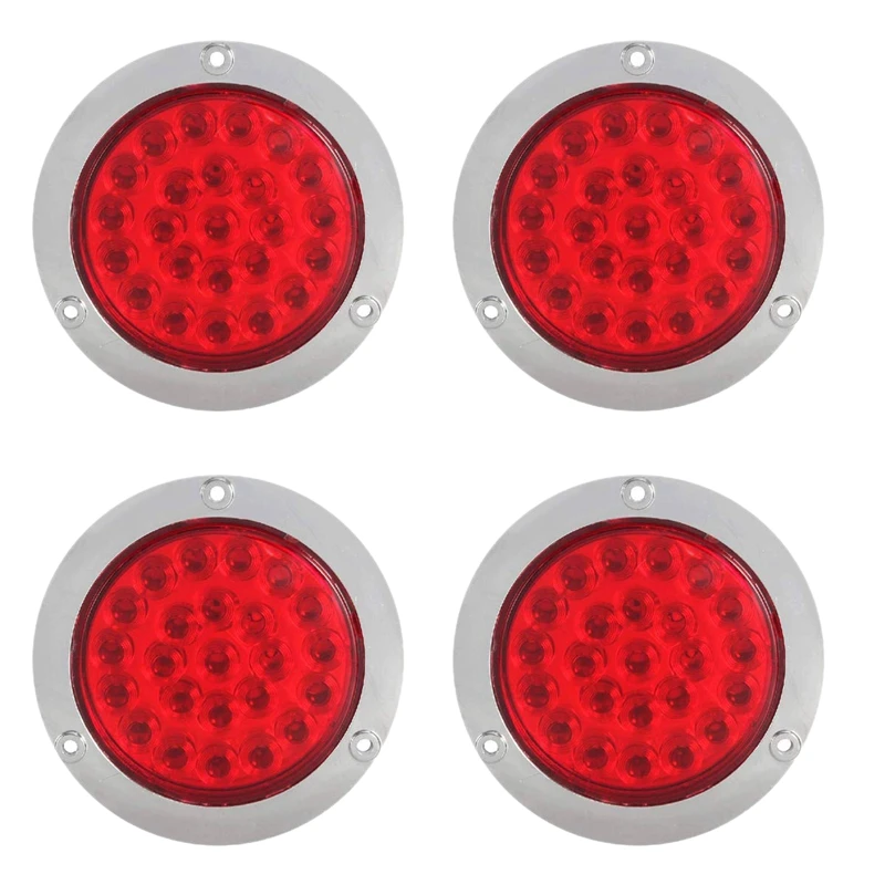 4 Pack Round Led Trailer Tail Lights Red 24 Led Flange Mount Waterproof Chrome 4 Inch Brake Stop Turn Lights