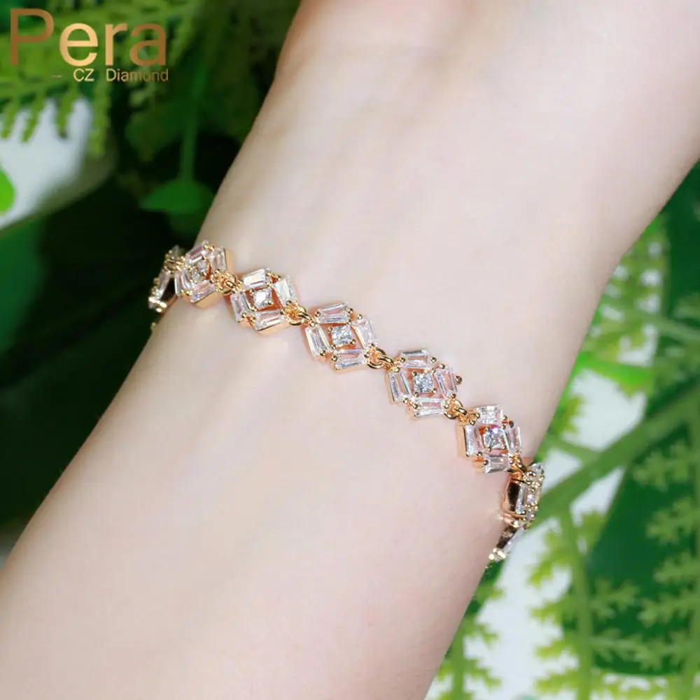 

Pera High Quality Shiny Geometry Cubic Zirconia 585 Gold Color CZ Connected Chain Bracelets for Women Wedding Jewelry Gift B187