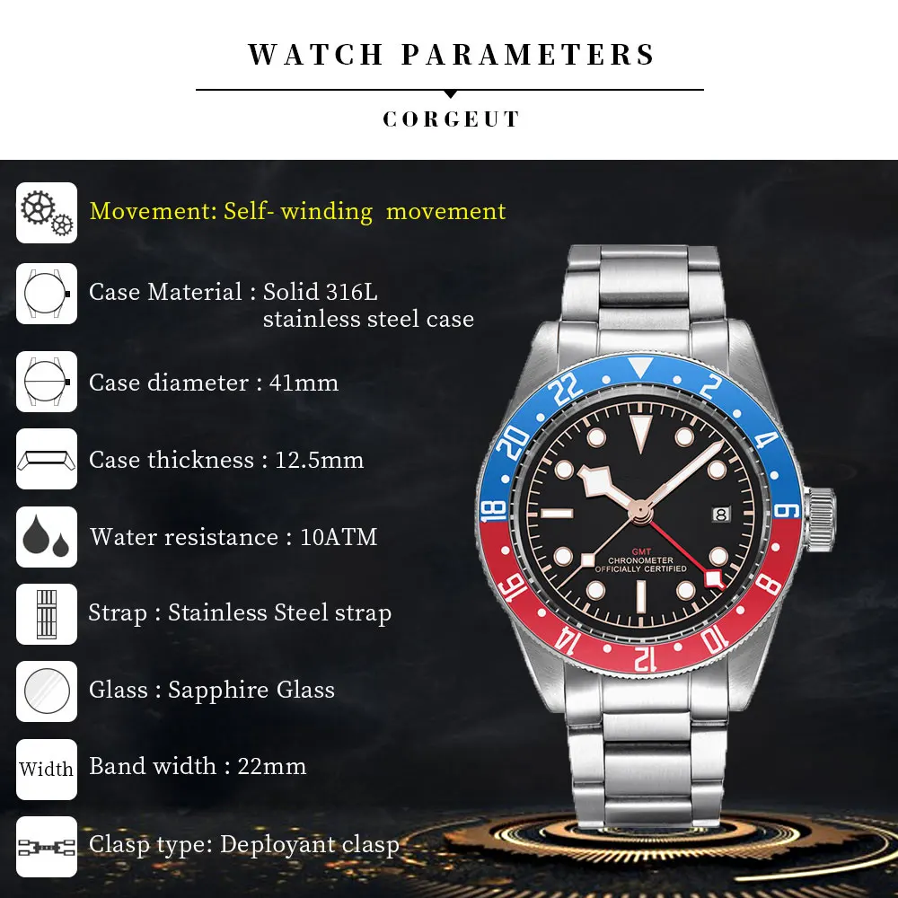 41mm Corgeut Design Luxury Custom Sterile Dial Men\'s Watch Lume Schwarz Bay GMT Automatic Military Sports Swimming   Mechanical