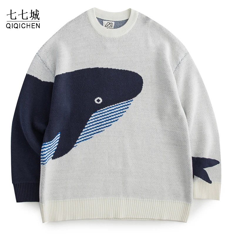 

Lonely Whale Pattern Knitted Sweaters Men Autumn Winter Streetwear Casual Pullover Women Jumpers Harajuku Knit Cotton Tops Man