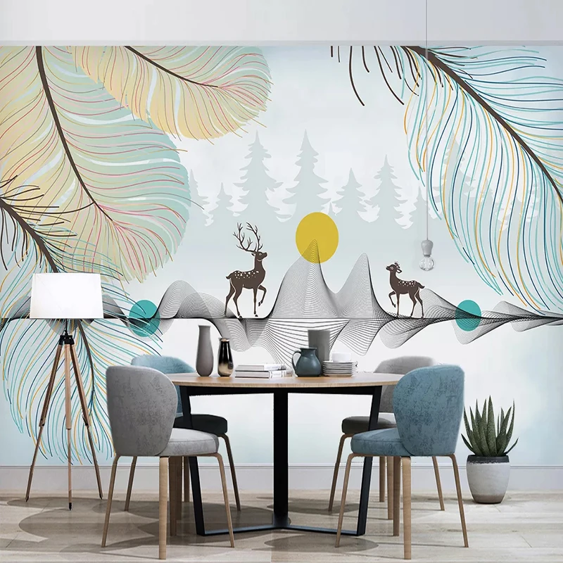 

Custom 3D Mural Wallpaper Modern Wall Art Hand Painted Feather Sunrise Elk Living Room Bedroom Wall Decoration Photo Wall Paper