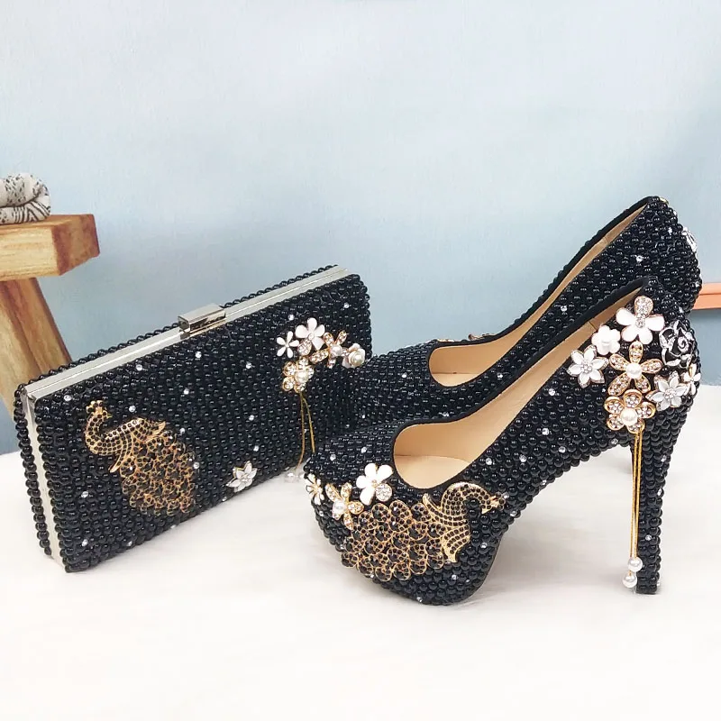 

BaoYaFang Black pearl beads Womens wedding shoes and bags set woman fashion party dress peacock female shoes high Pumps purse