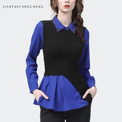 2022 Spring New Womens Beaded Shirt Long Sleeve Elegant Slim Pointed Collar Blouse Fake Two Pieces Knite Casual Office Lady Tops