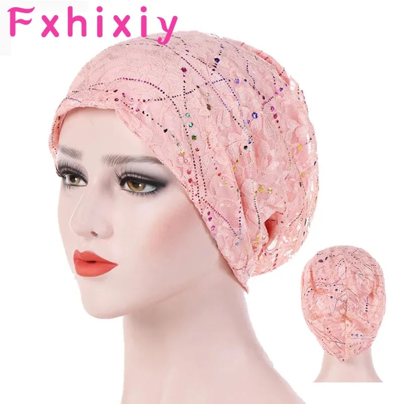 

Summer Autumn Muslim Cap Chemo Beanie Hats Thin Lace Turban Inner Glitter Women Turbante Bonnet Wrap Head Underscarf Caps