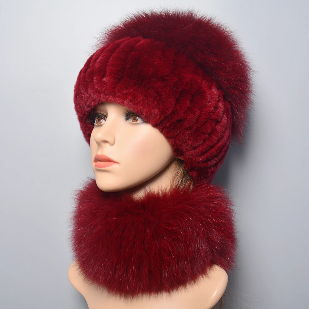 Hot Sale Winter Outdoor Brand Women Real Rex Rabbit Fur Scarf Hat Warm Real Fox Fur Cap Ring Shawl Natural Fox Fur Scarves Hats