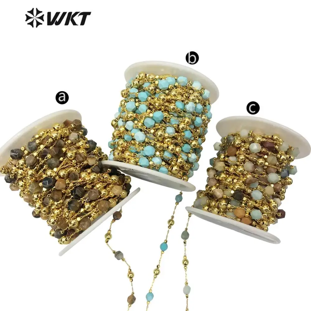 WT-RBC134 WKT Multicolor Optional Natural Stone Beads And Brass Chain Gold Electroplated Rosary Chain For Women Stylish Jewelry