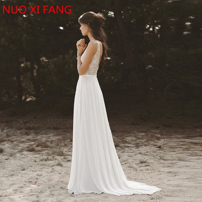 Nuoxifang Spiaggia Abiti da Sposa con Scollo a V Superiore Del Merletto Chiffon Del Pannello Esterno di A-line Bianco Aperto Indietro Vestito da Sposa Boho Abito da Sposa di Trasporto trasporto Libero