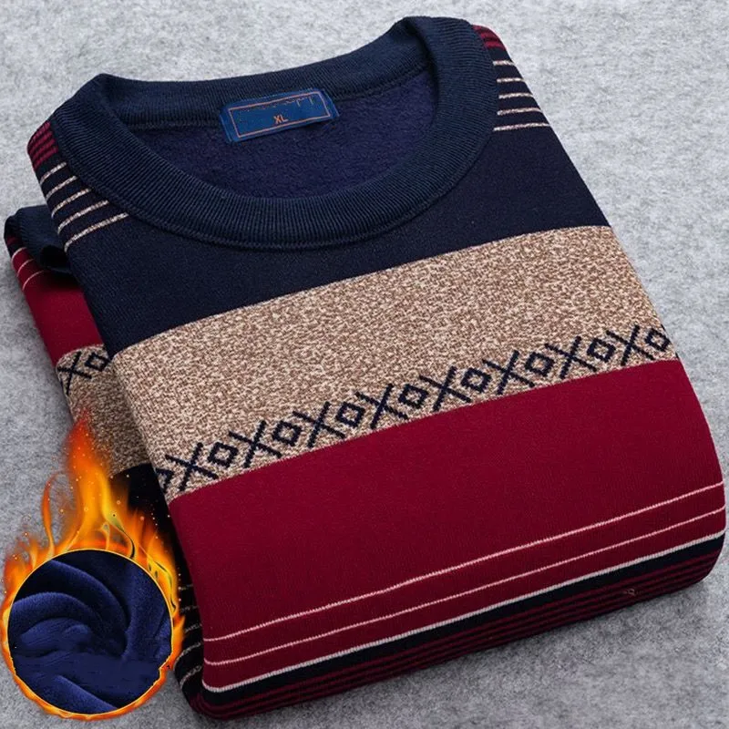 Sweter Bulu Pria 4XL Sweater Katun Bulu Tebal Bergaris Mode 2021 Pakaian Pria Sweater Mantel Leher-o Antik Pria