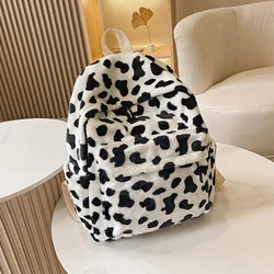 Winter Fashion Plush Backpack Shoulder Bags For Women Cute Cow Large Capacity Knapsack Student Book Bag Rucksack