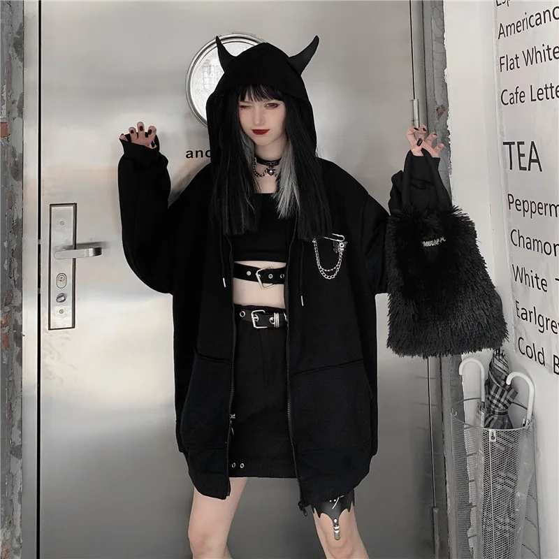 Ruibbit moletom feminino gótico, casaco estilo harajuku punk para meninas preto, chifre diabólico, moletom com capuz, estilo japonês, plus size