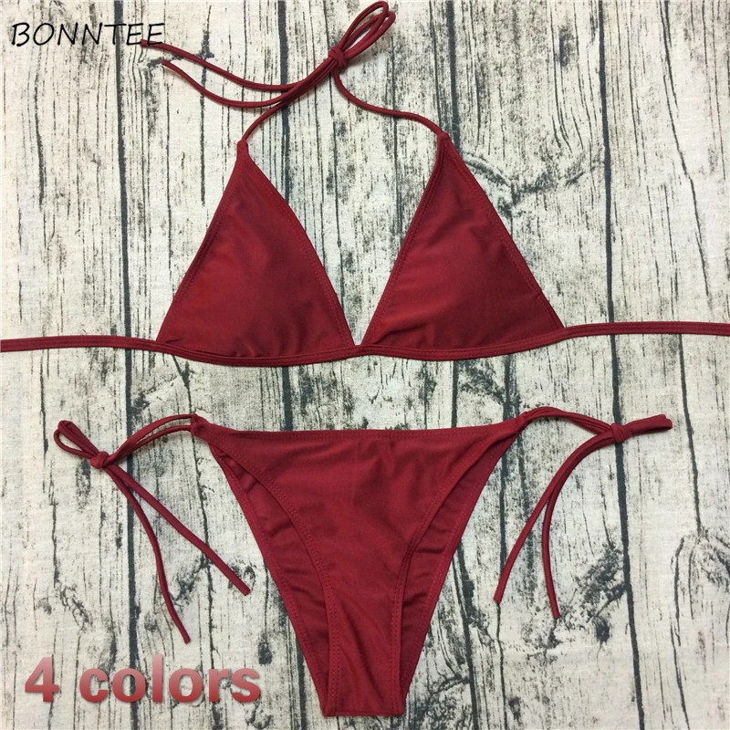 Maillot de bain triangle réglable pour femme, ensemble bikini, string, simple, solide, bordeaux, vintage, basique, européen, sexy, été