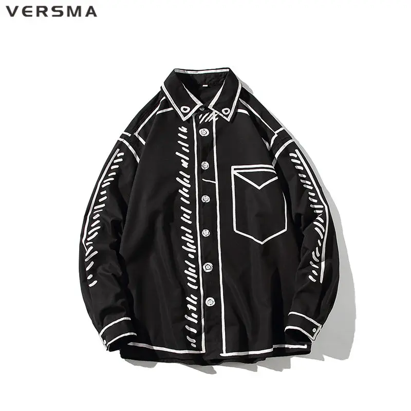 

VERSMA Korean Design Graffiti Printed Chic Gothic Shirt Men Personalized Cool Long Sleeve Cowboy Shirt Women Blouse Dropshipping