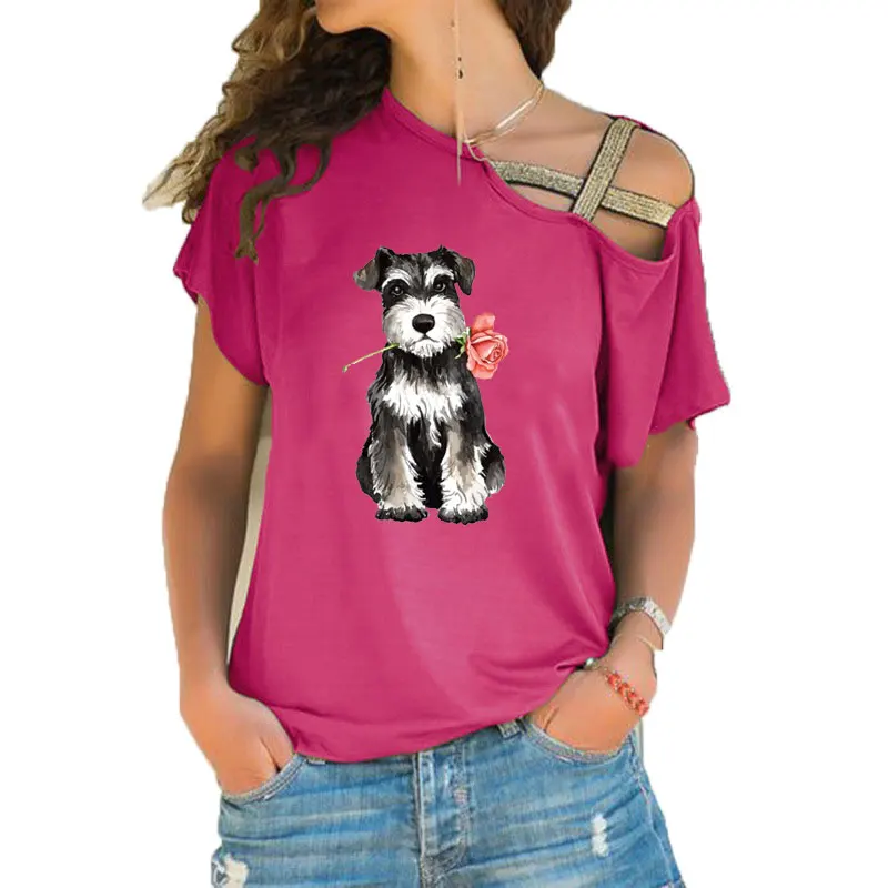 New Summer Cute Rose Mini Schnauzer stampa divertente Teeshirt donna manica corta sciolto irregolare obliquo croce fasciatura top Tee