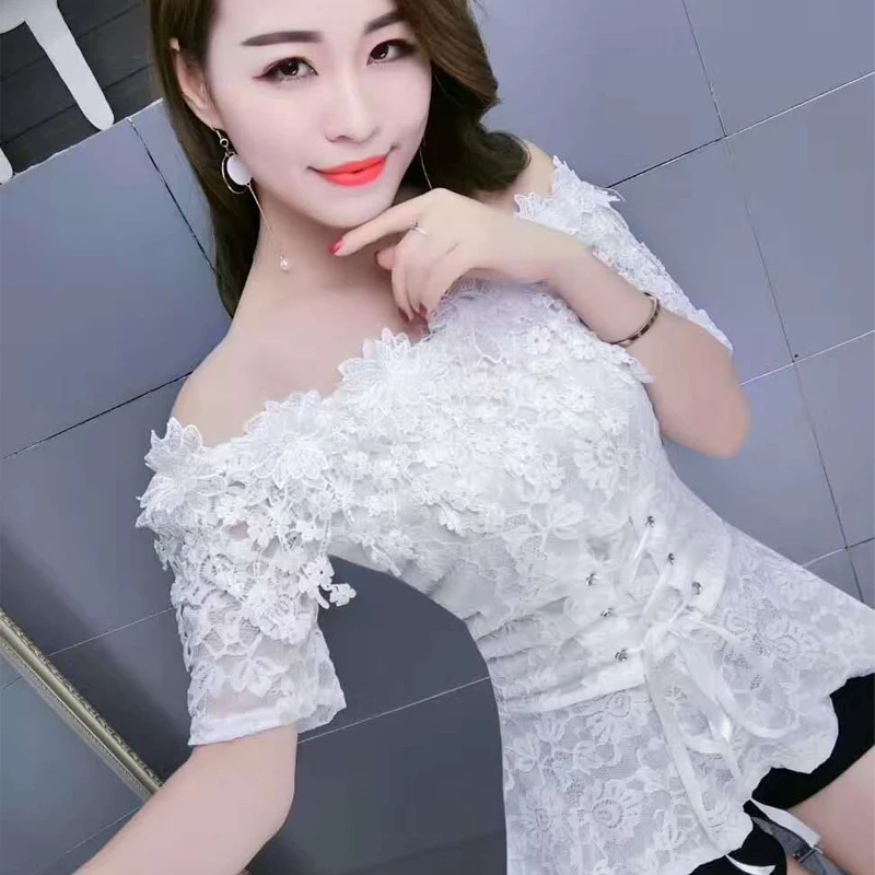 Women Lace Patchwork Blouse Shirt Casual Off Shoulder Top Sexy Short Sleeve White Blouse Ladies Summer Hollow Elegant Blouses