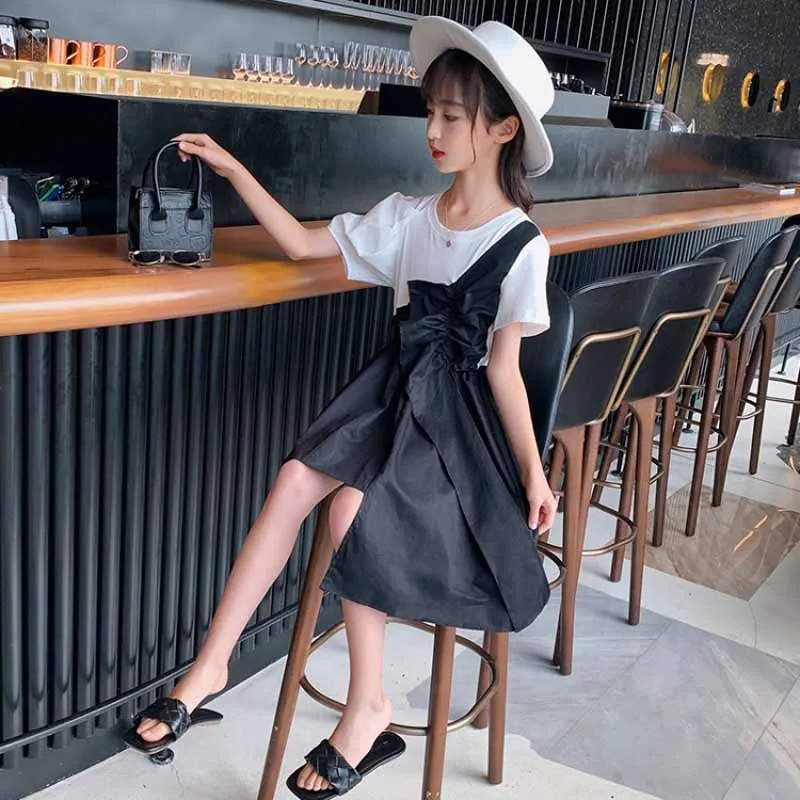 Summer Girls Dress 2021 New Fashion Black White One-Shoulder Strap Frilled Edges Bubble Sleeve Princess Dress Children'S Clothes