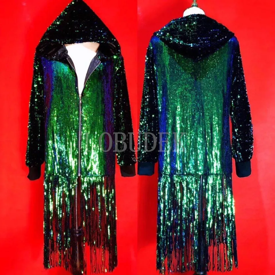 

Nightclub Bar Male Singer Hip Hop Dancer Singer Sequins Costume Green Sequins Tassel Hooded Long Loose Coat Performance Clothing