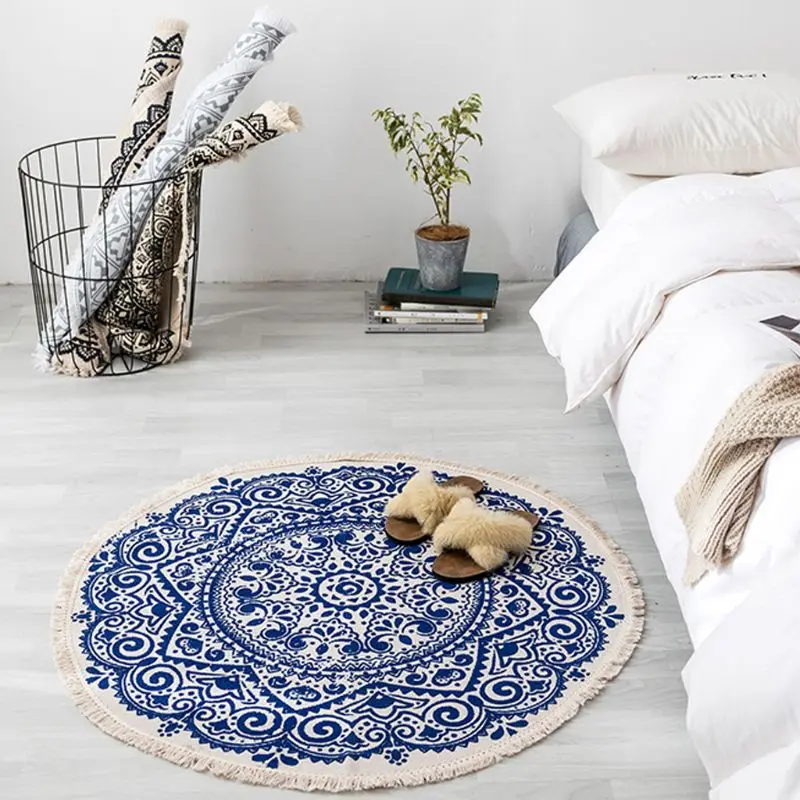 Marokko Runde Teppich Boho Stil Quaste Baumwolle Stoff Teppich Matte Tür Decke Decor M68E