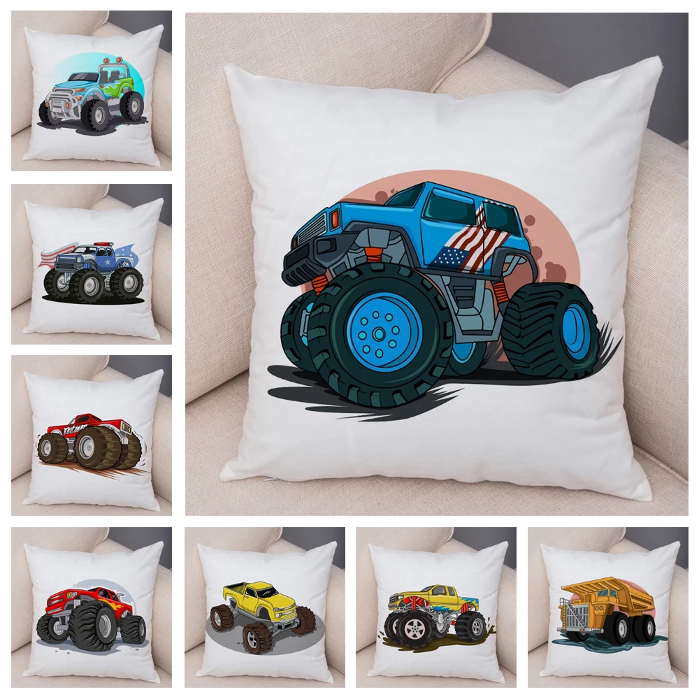 Cartoon Monster Truck Pillow Case Decor Car Print Pillowcase Super Soft Plush Cushion Cover for Sofa Home Children Room 45x45cm