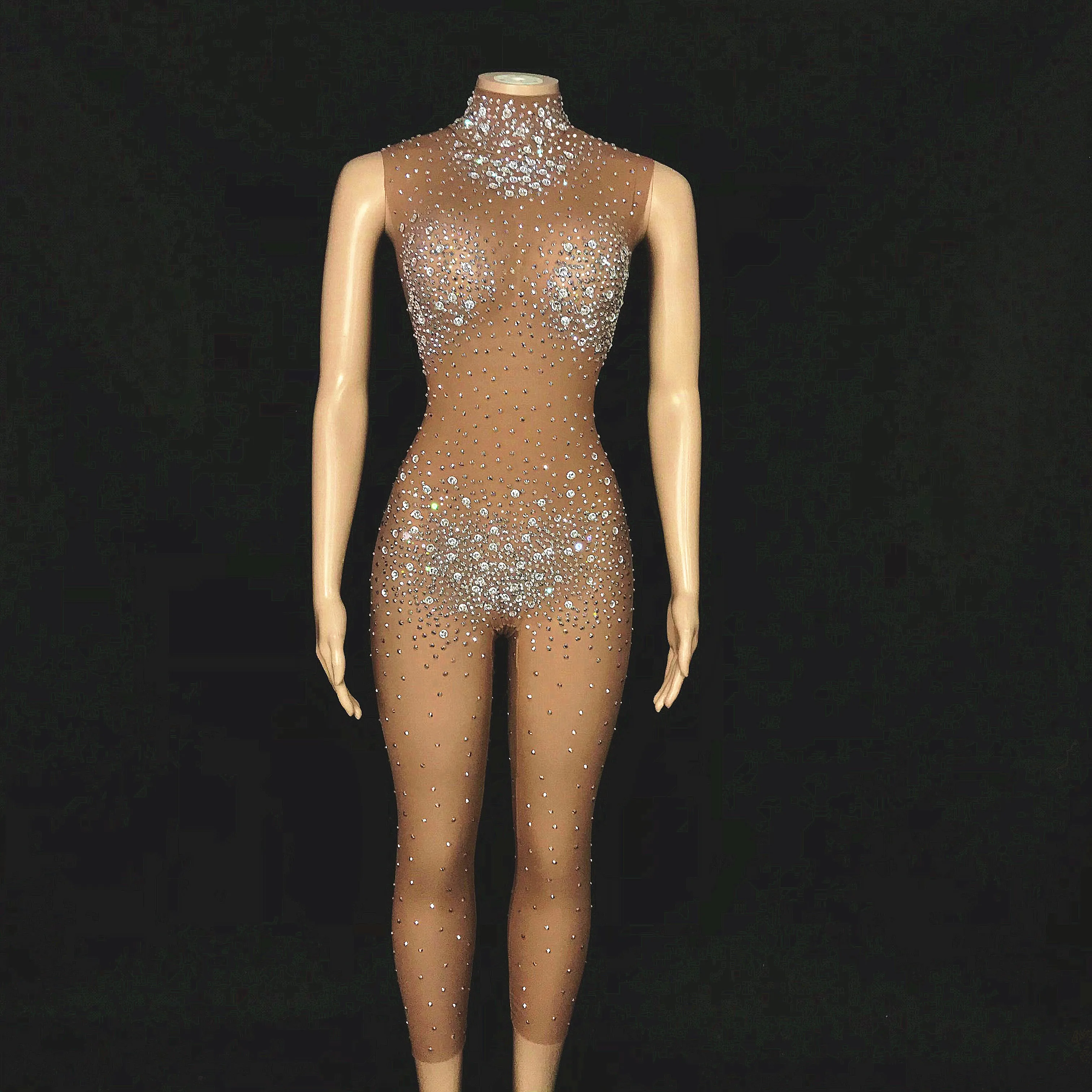 Sexy Tan See Through Mesh Silver Rhinestone Jumpsuit Transparent Leggings Dancer Prom Outfit Evening Birthday Celebrate Rompers