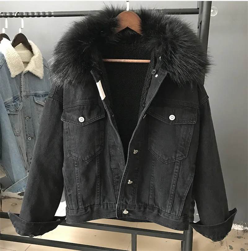 Korean Winter Removable Big Fur Collar Lamb Fur LinerDenim Jacket Women Loose Short Black Jeans Jacket Female Chaqueta Mujer