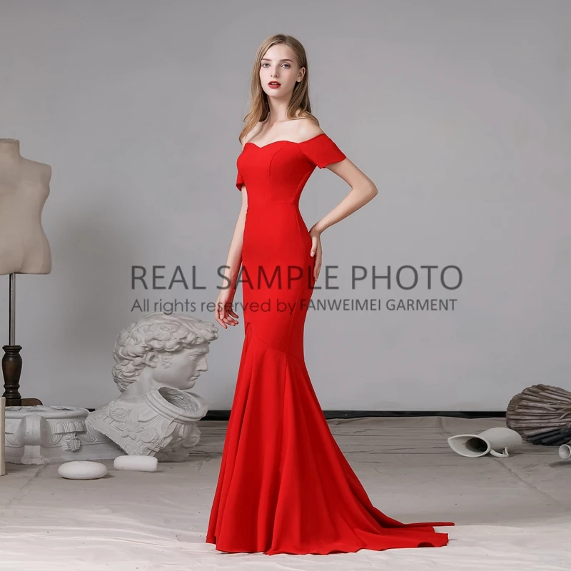 970# 100% Real Photos Off Shoulder Plain Red Satin Mermaid Evening Dress Prom Gown Enaggement Party Dress Customized image 6