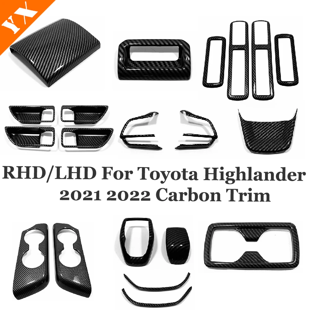 RHD LHD For Toyota Highlander Kluger GXL 2022-2023 Carbon Trim Car Gear Armrest Window Lift Steering Wheel Water Cup Air Outlet