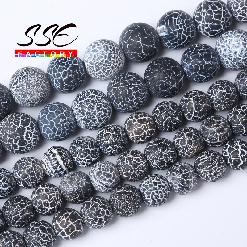 Round Frost Cracked Black Crab Agates Beads Natural Loose Beads For Jewelry Making DIY Bracelets Necklaces 15\'\' 4/6/8/10/12mm