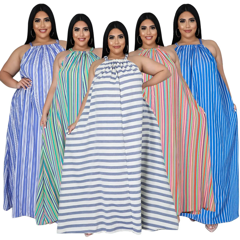 L-4XL 2022 summer plus size women clothing fashion stripe halter sleeveless casual club sexy dress  Wholesale Dropshipping