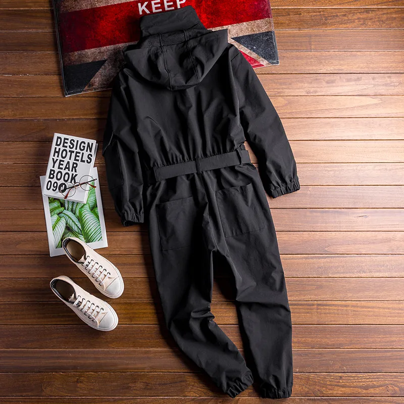 Summer Men Jumpsuit Hooded Long Sleeve Multi-Pocket Beam Feet Overalls Streetwear Clothing Cargo Pants Hip Hop