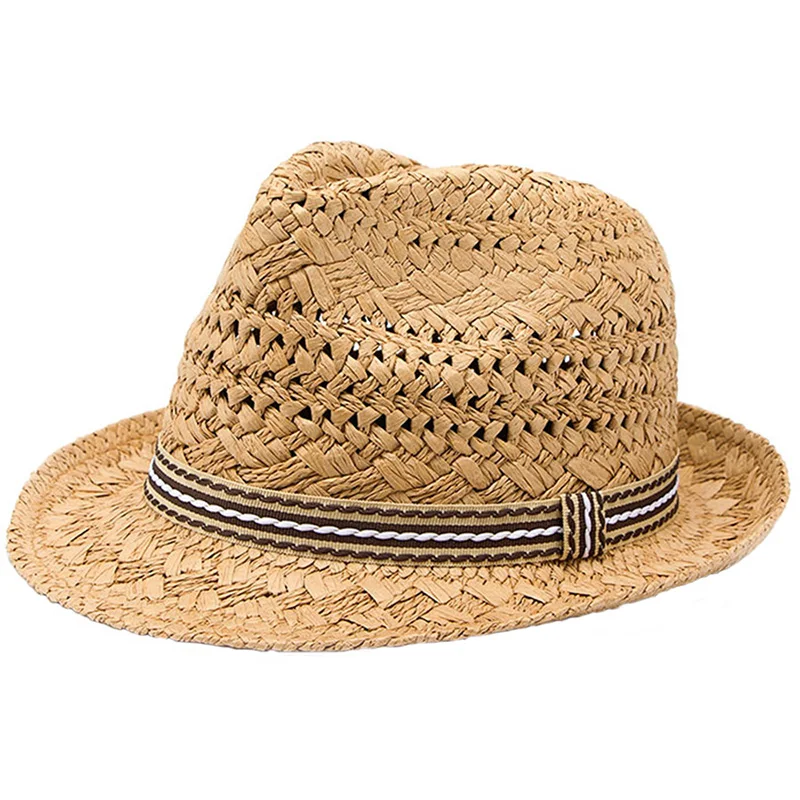 LUCKYLIANJI Summer Fashion Handmade Women\'s Beach Boho Fedora Straw Hat Sun Hat Sunhat Men Jazz Hat Gangster Cap (One Size:58cm)