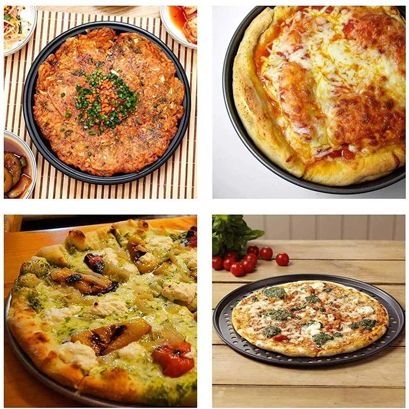 Nonstick Carbon Steel Pizza Crisper Trays Baking Pan with Holes Round Deep Dish Plate Bakewave Mould Oven Home Kitchen Tools