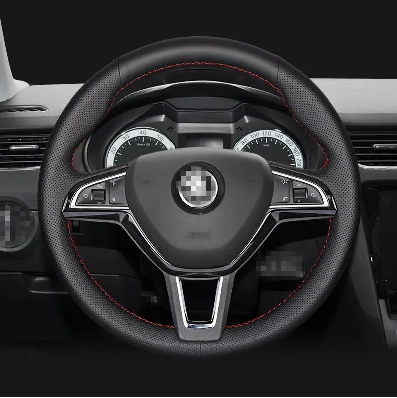 DIY custom leather steering wheel cover For Skoda 19 Octavia Rapid SUPERB Kodiaq KAROQ car interior modification accessories