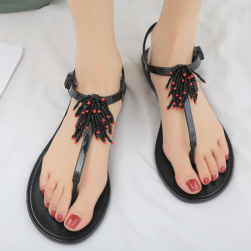 Women Sandals Bohemia Women Casual Shoes Beach Summer Lady Flip Flops Beaded Tassels Jelly Shoes Women Flats Sandals WSH3595