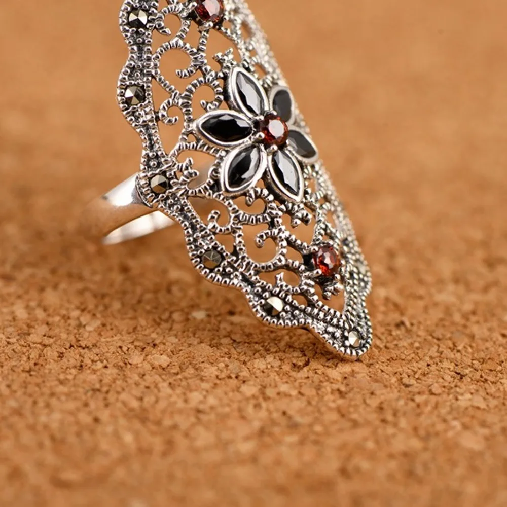 New S925 sterling silver vintage individuality long section openwork inlaid garnet black stone mark stone woman's silver ring