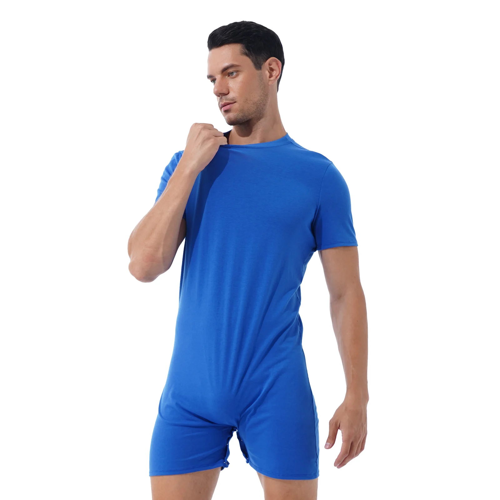 Mens One Piece Press Crotch T-shirt Summer Sports Exercise Running Bodysuit Diaper Pajamas Sleepwear Shapewear Bathing Suit