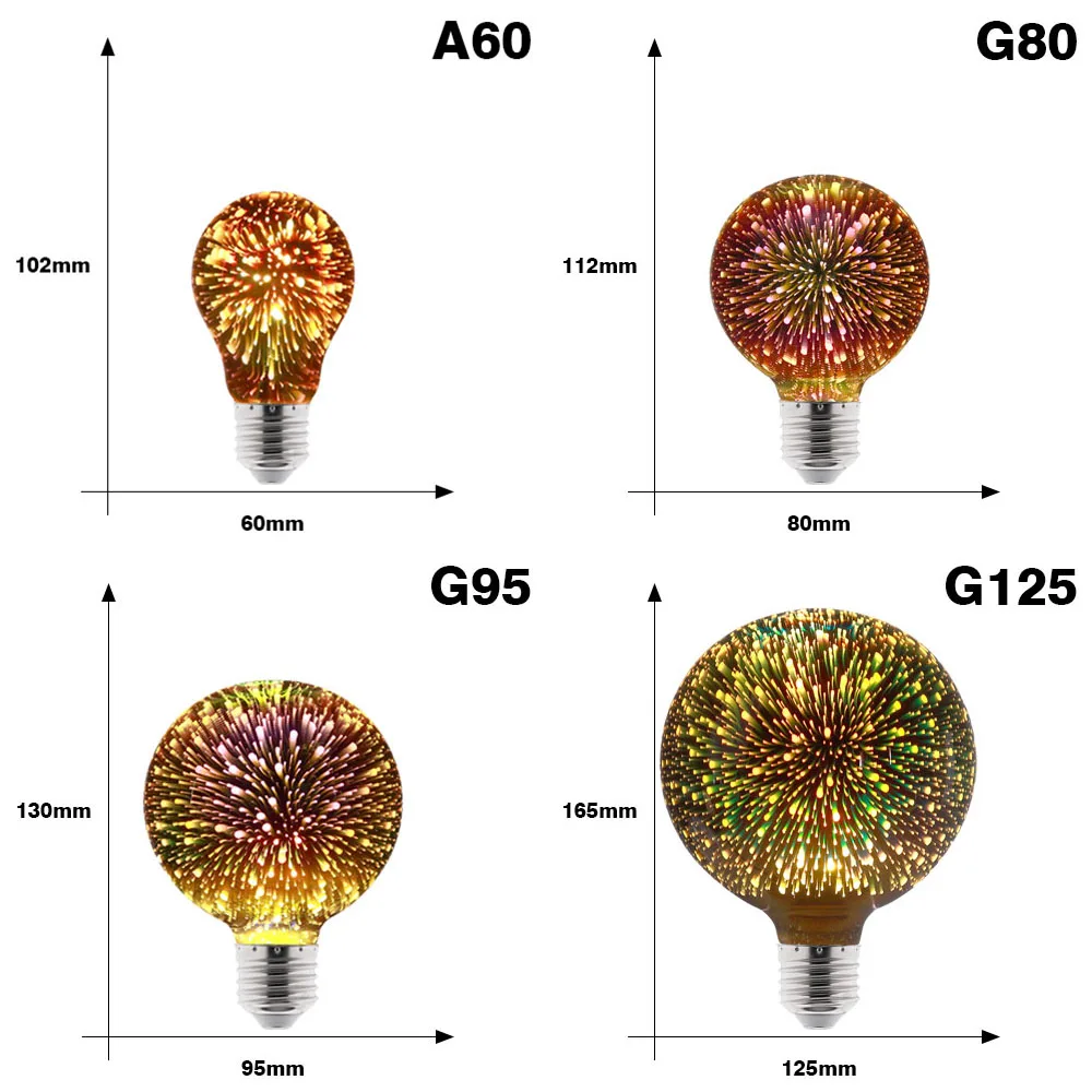 3D Colorful LED Edison Light Bulb E27 220V Vintage Fireworks Decoration Bulb ST64 G95 A60 Christmas Ampoule LED Lamp Lighting