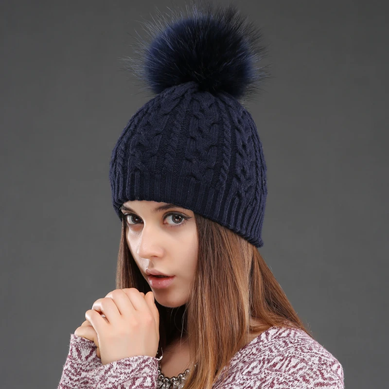 CNTANG 2024 Women Double layer Knitted Hats Winter Warm Beanies Wool Hat With Pompom Natural Fur Raccoon Fashion Female Cap