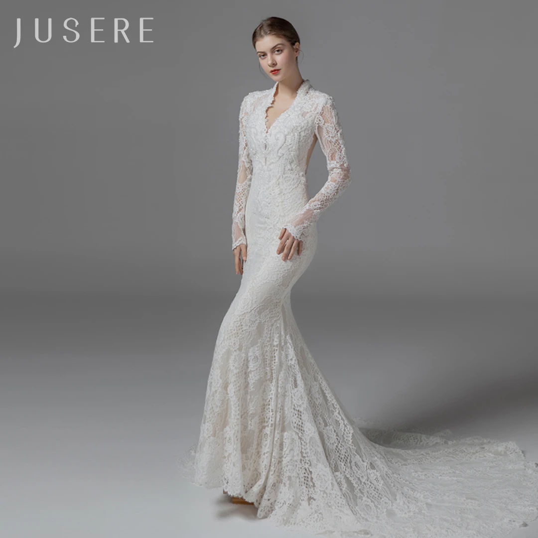 Jusere v-neckline long sleeves bridal dress sexy back wedding dress bridal gown mermaid beaded dress