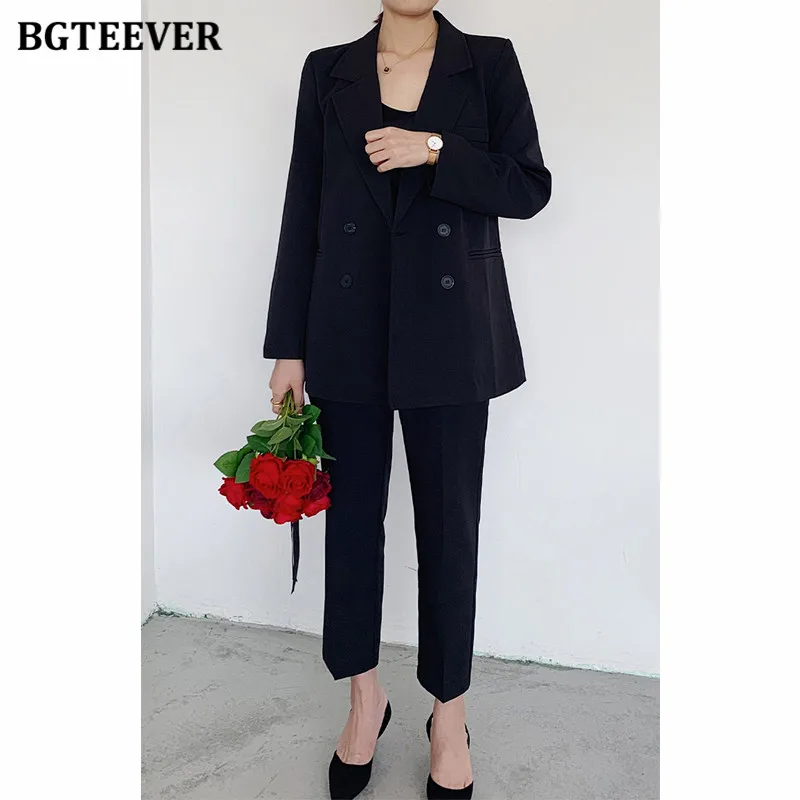 BGTEEVER Vintage Light Green Women Pant Suits Notched Collar Double Breasted Jacket & Straight Pants Ladies 2 Pieces Blazer Set