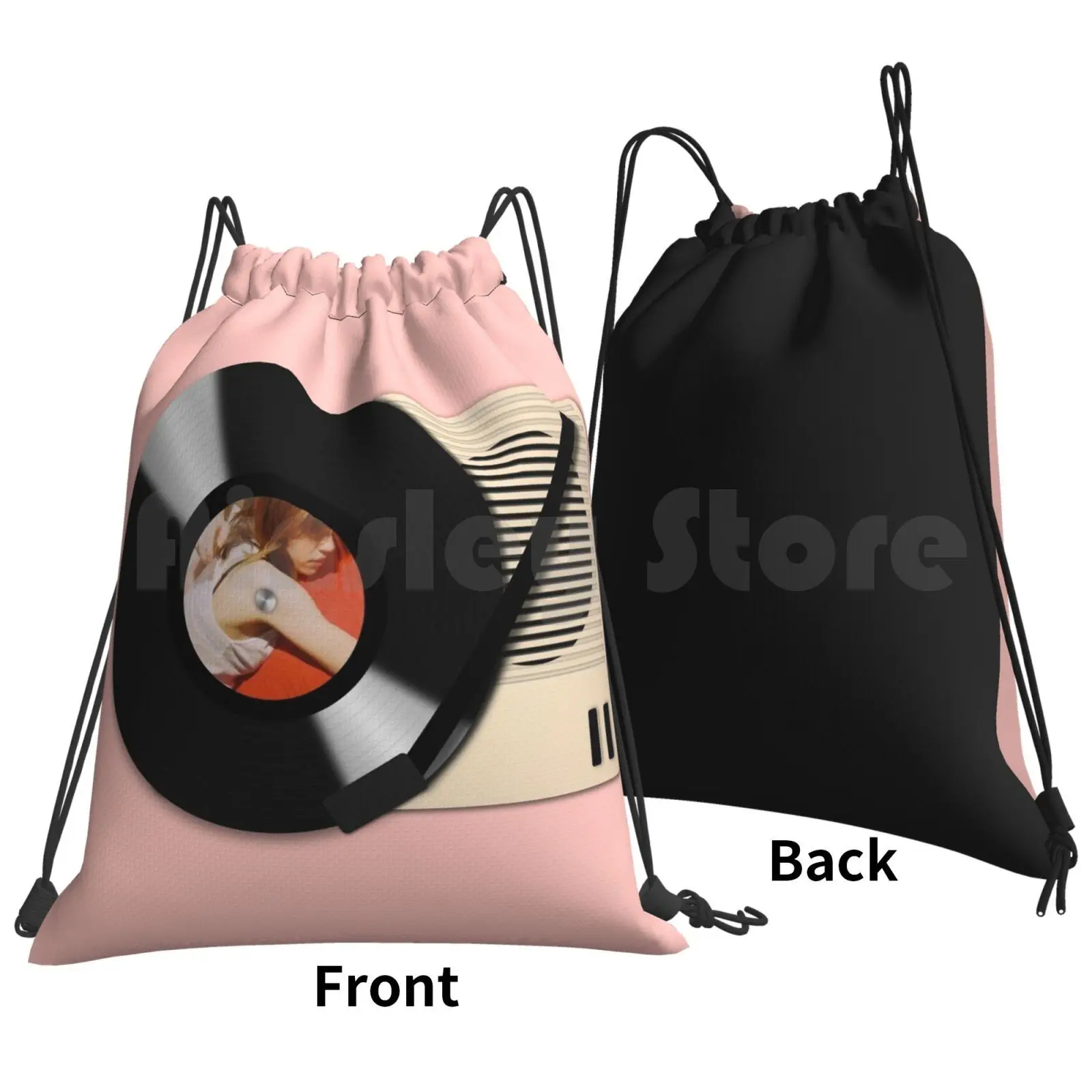 Vinyl Records Player Backpack Drawstring Bag Riding Climbing Gym Bag Vinyl Music Hipster Retro Player Sketch Pink