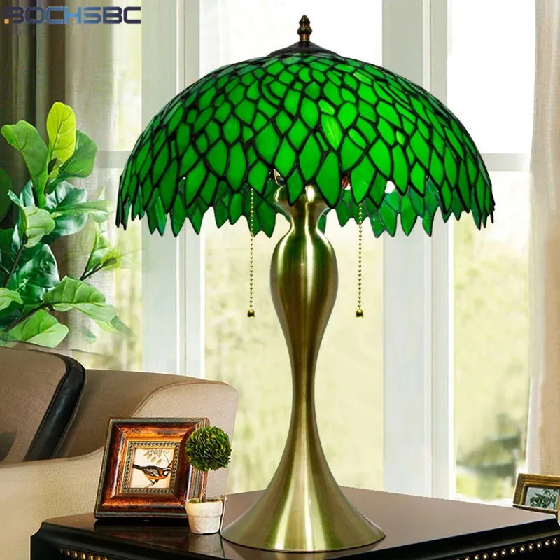 

BOCHSBC Jade Green Stained Glass Table Lamp Stereoscopic Lampshade Desk Light Home Decorative Lighting Handcraft Arts Classical