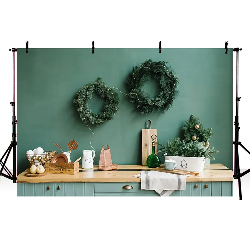 Fondo de árbol de Navidad para cocina, vajilla de campana con guirnalda, retrato familiar verde, fotografía, estudio fotográfico, decoración de Photozone