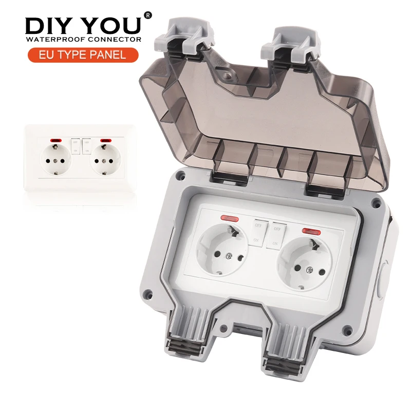 

IP66 EU Germany Standard Waterproof Outdoor 16A Wall Power Double Socket With Switch For Home Garden Plug Outlet Grounded 250V