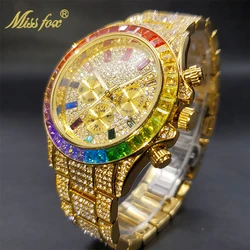 Gold Men Watch With Rainbow Diamond Bezel MISSFOX Chronograph Three Dial Waterproof Watches For Male Sport Stylish Timepieces