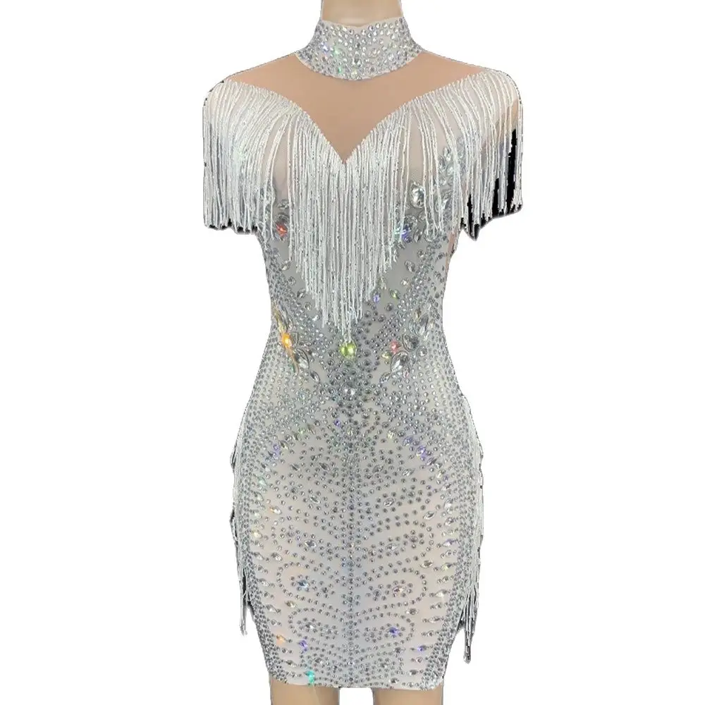 

Luxury Rhinestone White Fringe Short Dress Birthday Celebrate Transparent Party Dress