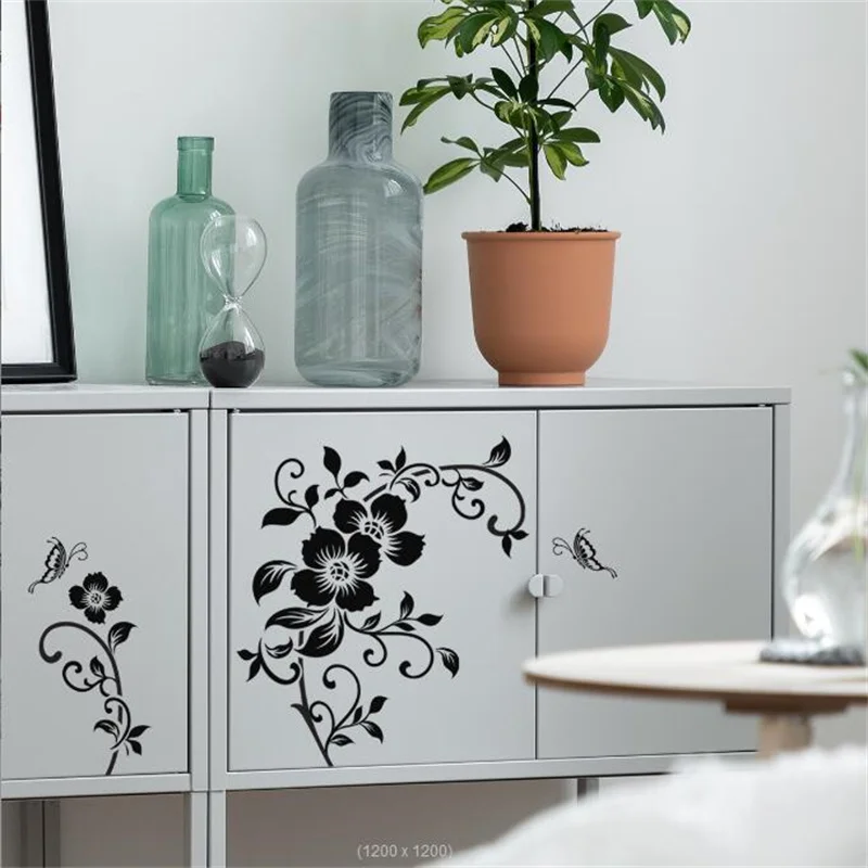 New Black Butterfly Flower Vine Refrigerator Creative Wall Stickers Cabinet Toilet Stickers Removable Pvc Art Mural Home Decor