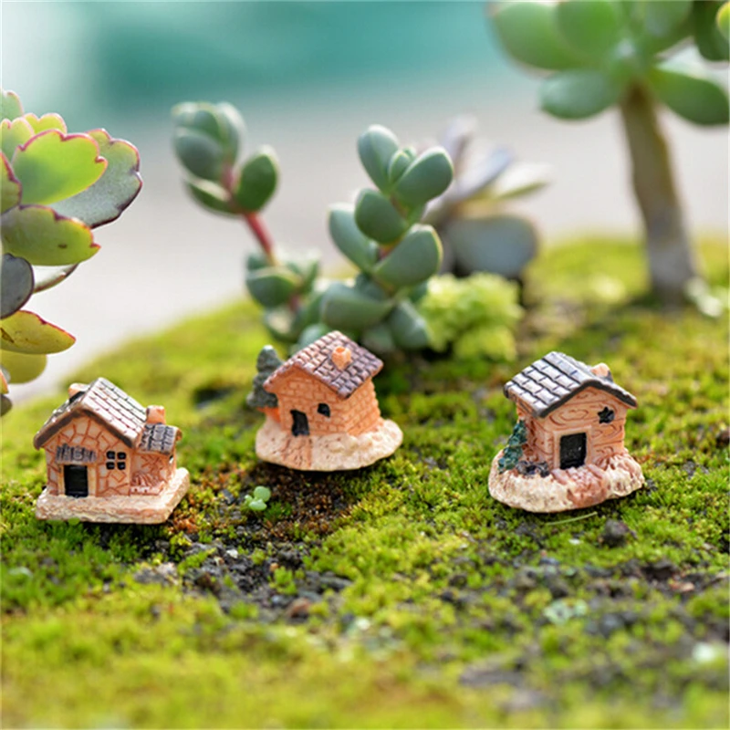 3pc Mini Small House Cottages DIY Toys Crafts Figure Moss Terrarium Fairy Garden Ornament Landscape Decor Random Color Dollhouse